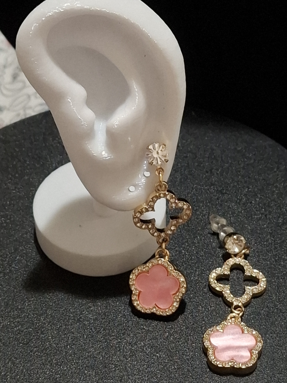 Gold-Tone Pink Floral Drop Earrings with Crystal Accents